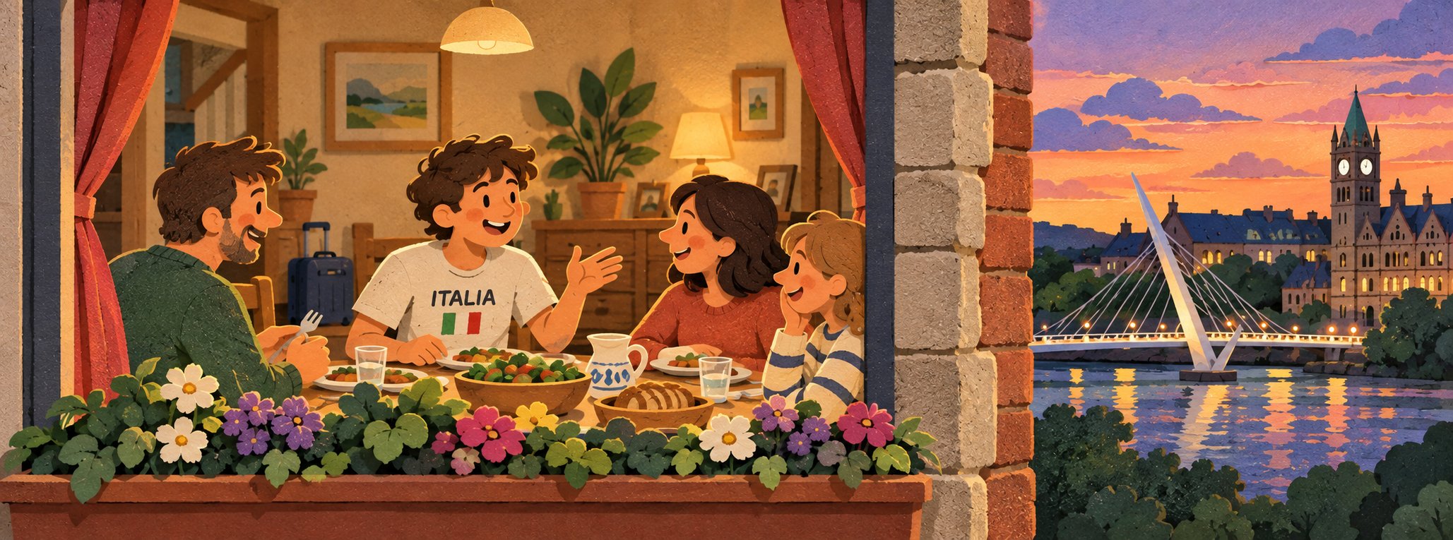 Illustration of a host family sharing dinner and laughing with their Italian student, with the Peace Bridge and Guildhall in Derry at sunset
